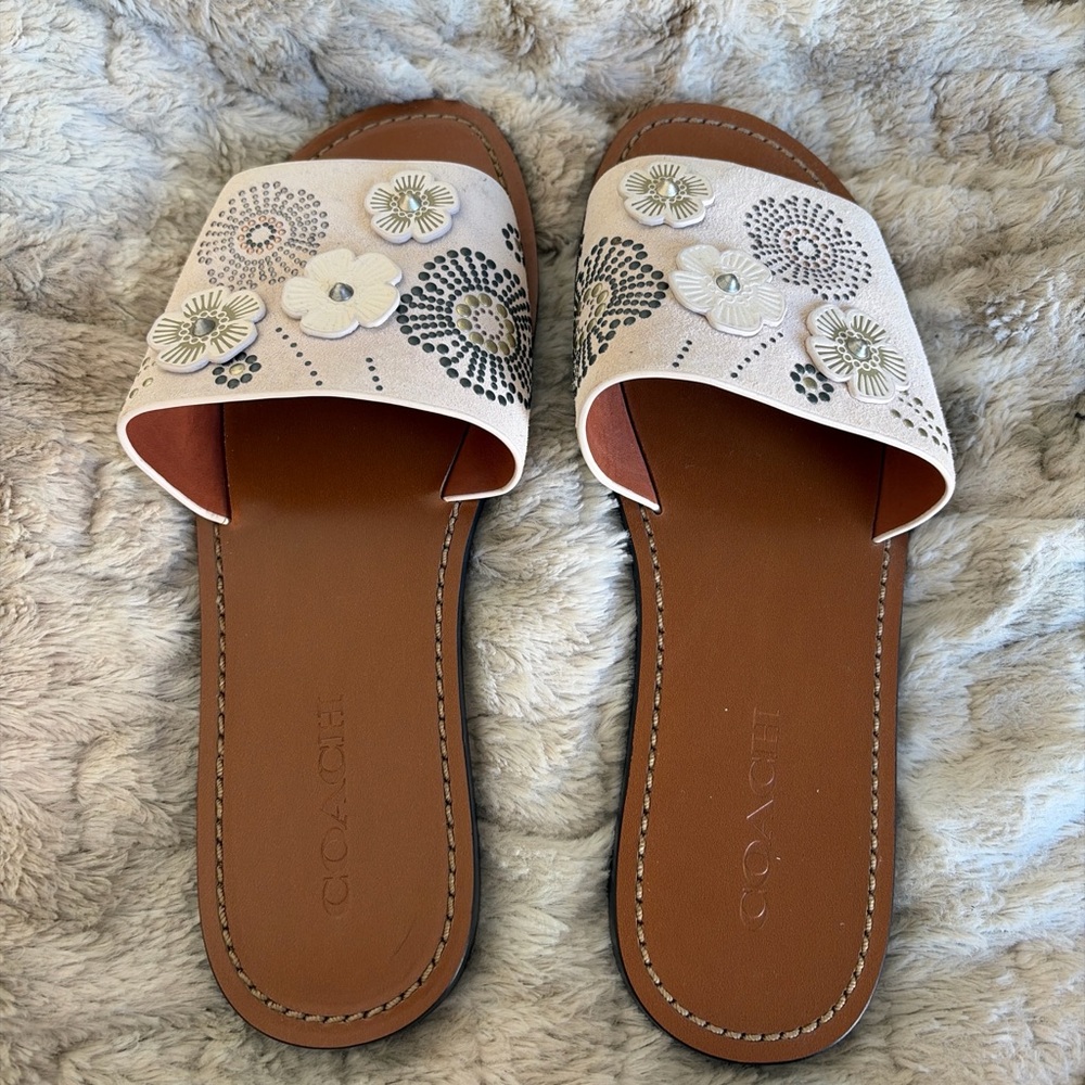 Coach Women's Cream Floral Slide Sandals